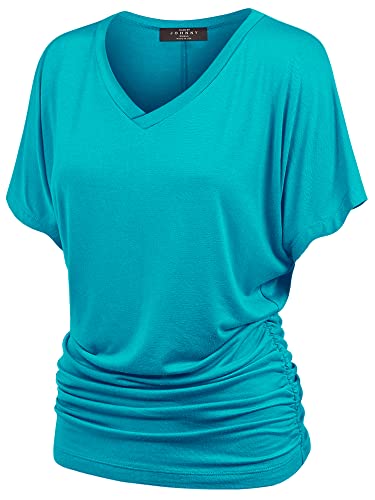 Made by Johnny Women's Solid Short Sleeve Boat Neck V Neck Dolman Top with Side Shirring - XX-Large - Wt1037_jade