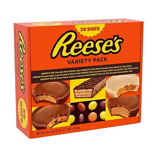 
                            REESE'S, Assorted Milk Chocolate White Creme Peanut Butter, Candy, Christmas Gift, 44.1 oz, Bulk Variety Box, 30 Count
                        