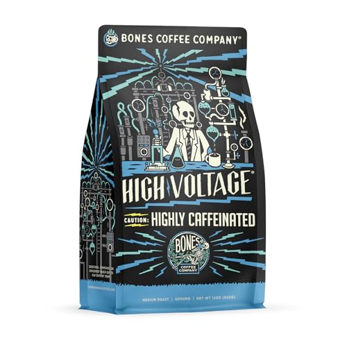 Bones Coffee Company High Voltage Medium Roast Ground Coffee Beans, 12 oz (Pack of 1) | Highly Caffeinated | Low Acid | Gourmet | Coffee Gifts & Beverages - High Voltage (Ground) - 12 Ounce (Pack of 1)