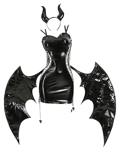 MEOWCOS Halloween Cosplay Costume Womens Bondycon Dress Devil PU Leather Dress with Detachable Wings and Horns - Black - Medium
