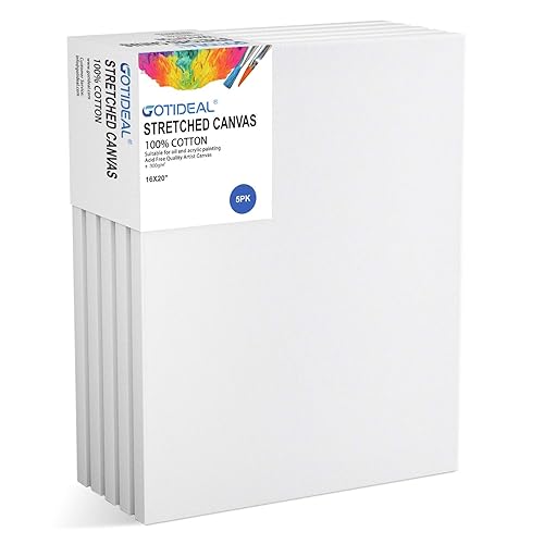 GOTIDEAL Stretched Canvas, 16x20 Inch Set of 5, Primed White - 100% Cotton Artist Canvas Boards for Painting, Acrylic Pouring, Oil Paint Dry & Wet Art Media - White - 16"x20"
