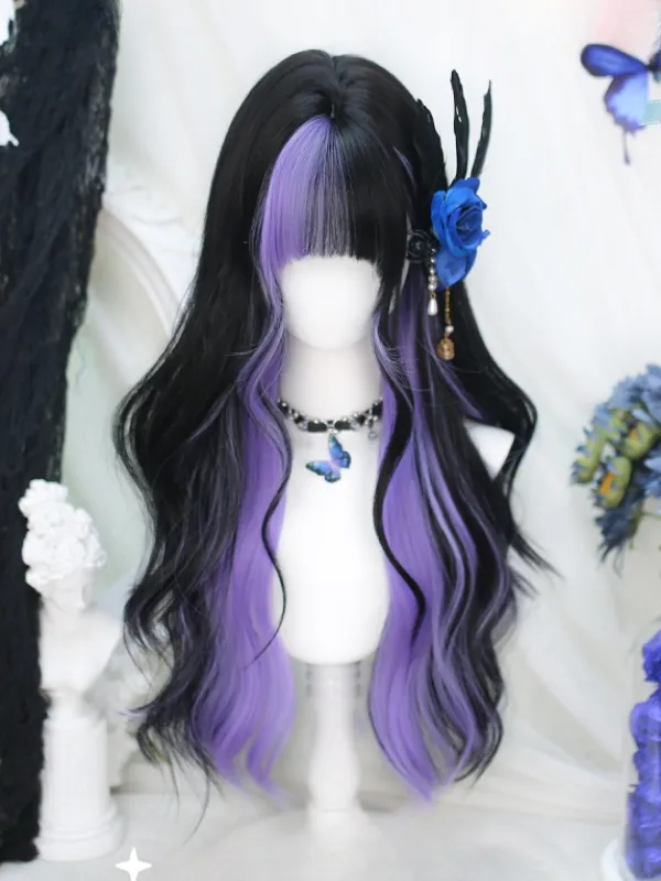 [$22.94]Purple and Black Highlight Long Wavy Synthetic Wig