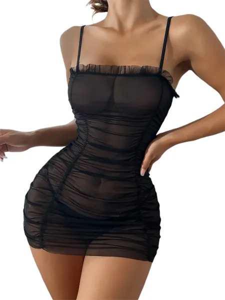 SheIn Women's Sexy Ruched Frill Trim Sheer Mesh Low Rise Slips Dress with V Strings Thong - Medium Black