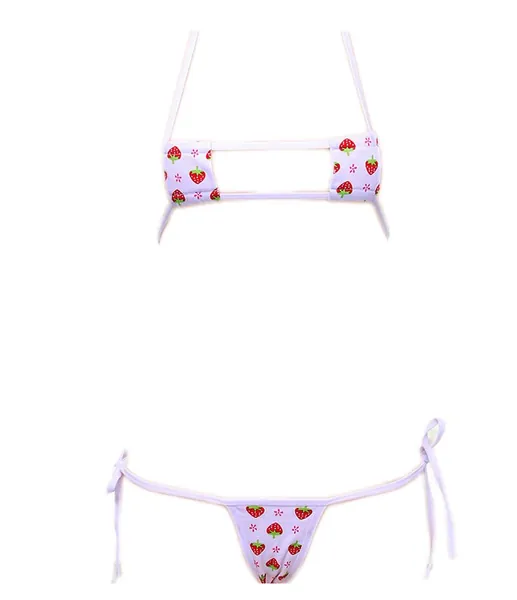 Women Lingerie Mini Bikini Strawberry lace up Underwear Set Anime Role Play T-String Bikini - S0352red