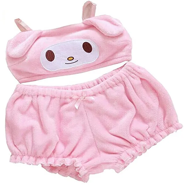 BZB Kawaii Anime Cute Pajamas Set for Women Sweet Lovely Velvet Tube Top and Shorts Sleepwear Suits - Pink-01 Medium