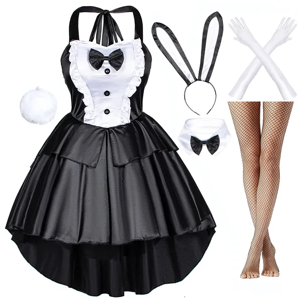 Classic Fancy Bunny Girl Tuxedo Style Black Dress Cosplay Costume Tail Ears Stockings Gloves Set - Medium Black