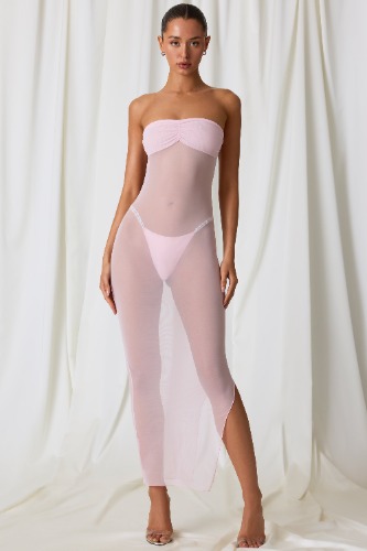 Ruched Bandeau Midi Dress in Soft Pink | M