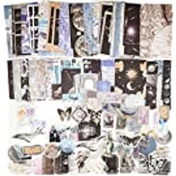 Knaid 200 Pieces Vintage Ephemera Bundle Junk Journal Kit Scrapbook Supplies Paper Sticker Material Pack for Art Journaling Bullet Journals Planners Collage Decoupage Crafter Gifts (Black & Blue)