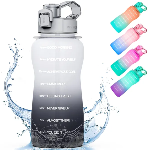 Half Gallon/64oz Motivational Water Bottle with Time Marker & Straw, Koeka Multifunctional Leak proof BPA Free Fitness Sports Water Jug with Handle for Fitness,Gym and Outdoor Sports(White+Gray)