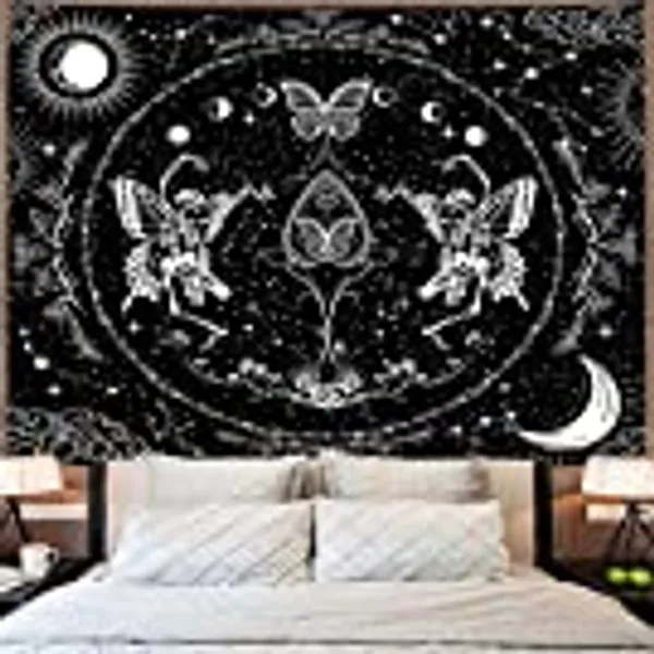 KJHL Skull Tapestry Black and White Tapestry Skeleton Lovers Tapestry Aesthetic Large Gothic Butterfly Tapestries Wall Hanging for Bedroom Living Room 51ʺ x 59ʺ