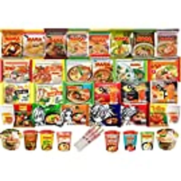 HCG Thai Ramen Noodles Variety Pack with Mama Soup and Wai Wai Quick Instant Noodle, Pack of 15 with chopsticks, 18 Piece Set