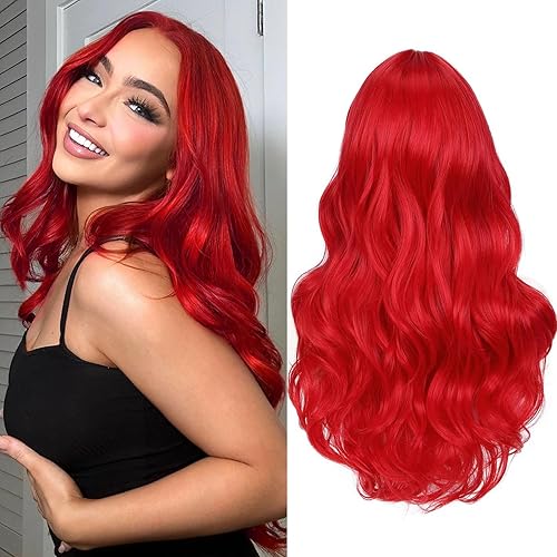 Fancy Hair Long Red Wavy Wigs for Women Curly Middle Part Red Wig Natural Looking Synthetic Heat Resistant Fiber Wigs Hair for Daily Party Use (Bright Red) - Bright Red