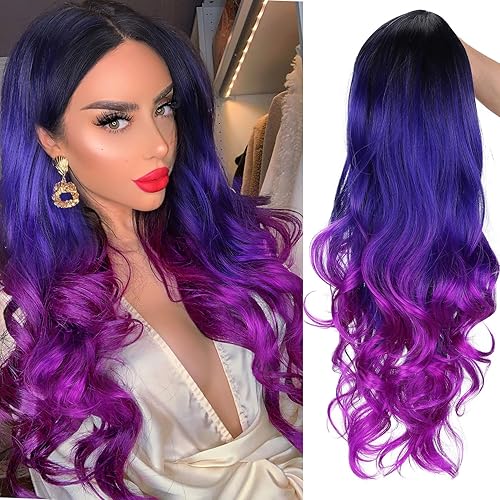 Fancy Hair Purple Long Curly Wavy Hair Wigs Heat Resistant 3 Tones Dark Roots Synthetic Daily Party Cosplay Wigs for Women 26" (1B to Blue Purple) - 1B/Blue/Purple