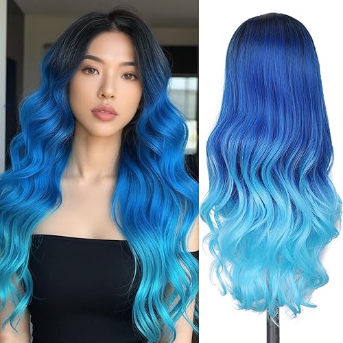 Fancy Hair Long Curly Wavy Hair Wigs Heat Resistant 3 Tones Dark Roots Synthetic Daily Party Cosplay Wigs for Women 26" (1B to Blue) - 1B/Blue/Light Blue