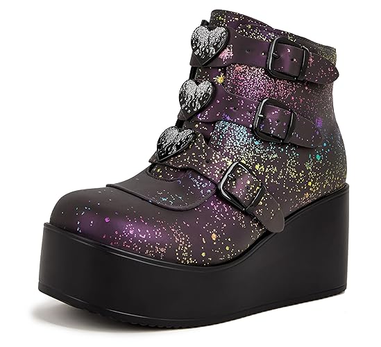 LUCKY STEP Women Platform Chunky Ankle Boots - Round Toe Zipper Wedges High Heels Rave Buckle Thick Sole Goth Booties - 11 - Navy Reflec