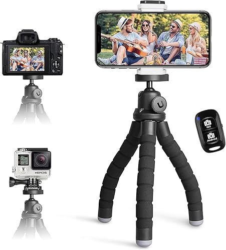 UBeesize Mobile Phone Tripod, Mini Mobile Phone Tripod with Bluetooth Remote Control & Phone Holder, 360° Rotation Flexible Travel Tripod for Smartphone, DSLR Camera - black