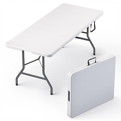 6 Feet Foldable Table with Built in Handle & Steel Legs | Heavy Duty Portable | Perfect for Party, Dining, Wedding, Events, Picnic Indoor, Outdoor, Camping, Utility, Temporary - 6 FT - White