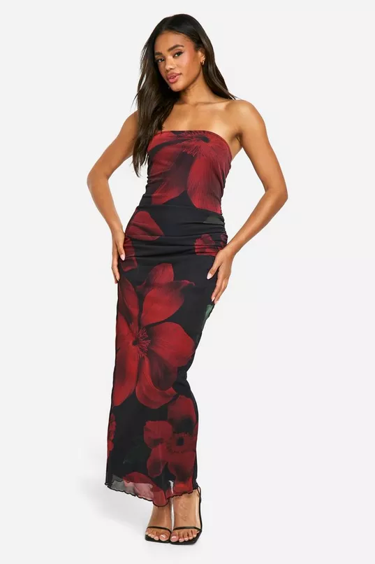 Mesh Flower Print Bandeau Maxi Dress