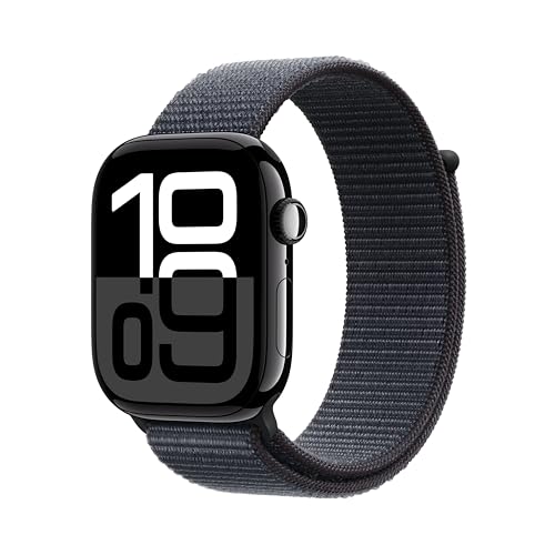 Apple Watch Series 10 GPS 46 mm Smartwatch with Jet Black Aluminium Case with Ink Sport Loop - One Size. Fitness Tracker, ECG App, Always-On Retina Display, Carbon Neutral - Sport Loop - 46mm case - Jet Black/Ink - One Size - fits 145-220mm wrists
