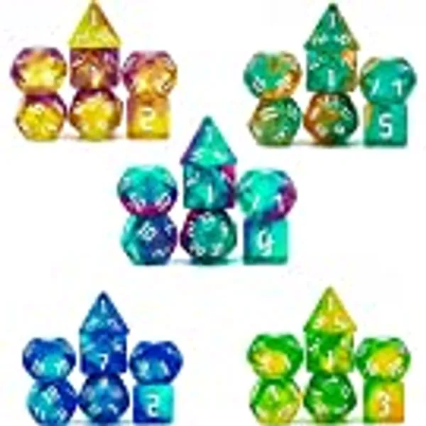 Poludie 5 Sets DND Dice, Polyhedral Dice Set (35pcs) with Leather Dice Bag, D&D Dice Set for Dungeons and Dragons, RPG, MTG Table Games (Sickle Font Double Color Glitter Series).