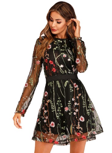 Floral Embroidery Party Dress - Small Black