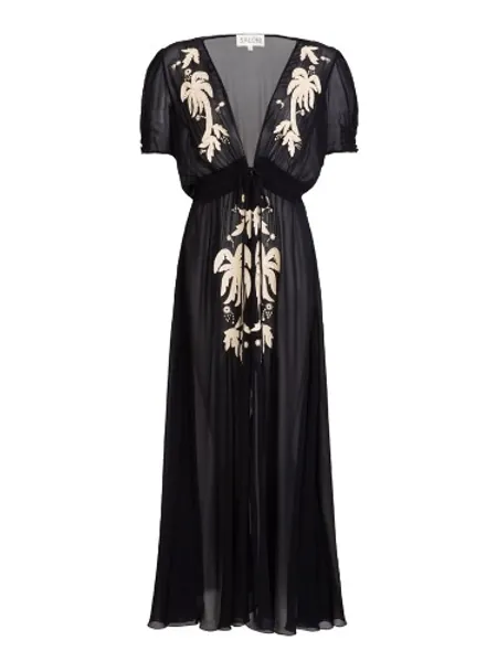 Lea Robe in Black with Embroidered Palms | Black / UK 4