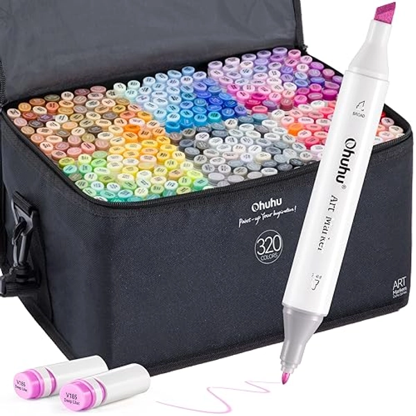 Ohuhu Alcohol Markers 320 Colors - Chisel & Fine Double Tipped Art Markers for Artists Adults Coloring Drawing Sketching Illustration - Alcohol-based Refillable Ink