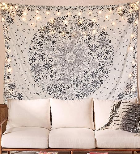 Neasow Bohemian Tapestry Wall Hanging, Beige White Floral Tapestry with Dotted Daisy Medallion Print Bedroom Boho Hippie Home Decor, 70×90 inches - White - 90L" x 70W"