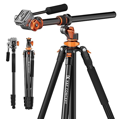 K&F Concept 90 inch/230cm Overhead Camera Tripod, Horizontal Shooting Video Tripods with Fluid Head Heavy Duty 10KG Load Capacity, Detachable Monopod, for Indoor and Outdoor Use T254A7+FH-03 - T254A7+FH-03