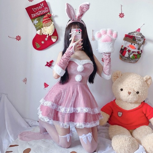 Luxury Santa Bunny Dress Set - Pink / M