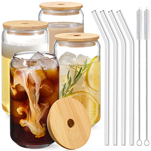 Drinking Glasses with Bamboo Lids and Glass Straw 4pcs Set - 16oz Can Shaped Glass Cups, Beer Glasses, Iced Coffee Glasses, Cute Tumbler Cup, Ideal for Cocktail, Whiskey, Gift - 2 Cleaning Brushes - 14 Piece Set