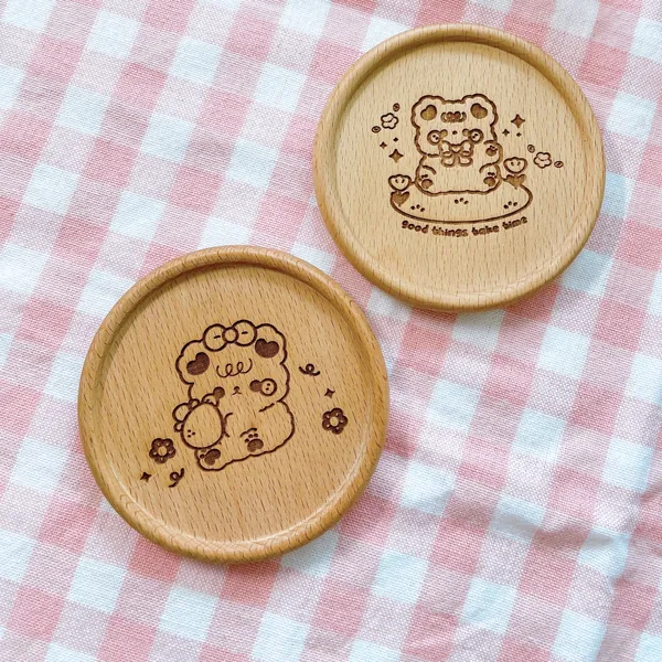 Cute Bear Wooden Coaster | Round Wood Coaster| Cute Animal Coaster