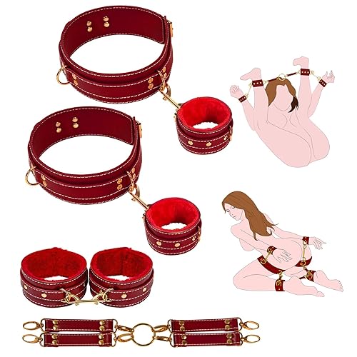 BDSM Kit Sex Bondage Restraints - D.Veces 4PCS Set with Adjustable Handcuffs Thigh Cuffs Ankle Cuffs Cross Strap,Bondage Set for SM Games,BDSM Adult Sex Toys for Couples women - Rose Red