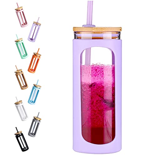 Kodrine 20oz Glass Water Tumble with Straw and Lid, Bamboo Lids Water Bottle, Iced Coffee Cup Reusable, Wide Mouth Smoothie Cups, Straw Silicone Protective Sleeve BPA FREE-Purple - 20oz-Purple - 1 Count (Pack of 1)