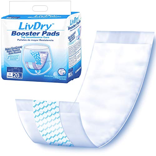 LivDry Premium Booster Pads for Adult Diapers and Briefs | Adds Max Absorbency with Adhesive Strip for More Protection (20 Count, Regular Length) - 20 Count (Pack of 1) - Regular Length