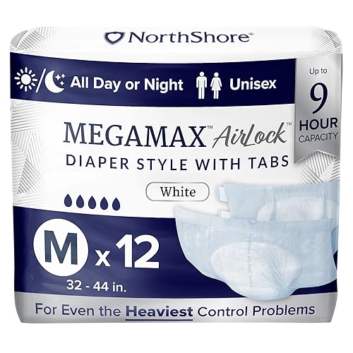 NorthShore MegaMax AirLock Breathable 9-Hour Heavy-Duty Tab-Style Adult Diapers, Medium, 12 Count Bag, White, 32-44 inches, Unisex Incontinence Underwear - White - Medium (12 Count)