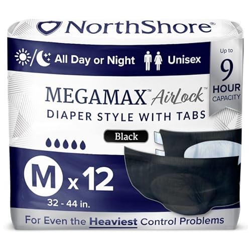 NorthShore MegaMax AirLock Breathable 9-Hour Heavy-Duty Tab-Style Adult Diapers, Medium, 12 Count Bag, Black, 32-44 inches, Unisex Incontinence Underwear - Black - Medium (12 Count)