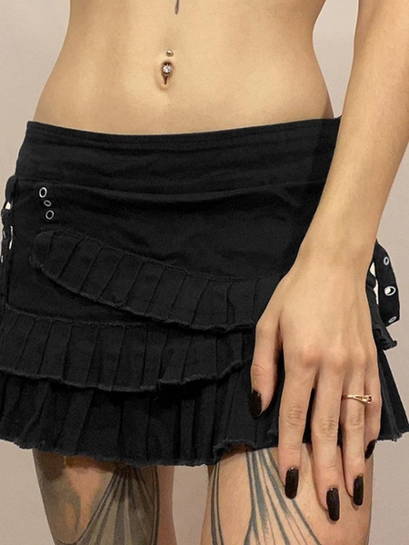 Tiered Pleated Denim Mini Skirt