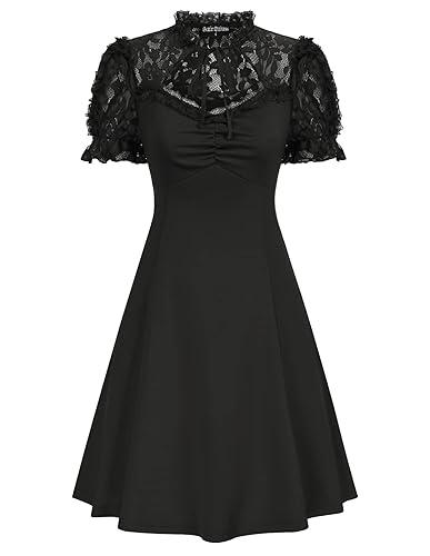 Scarlet Darkness Women Lace Gothic Dress Puff Sleeve Cocktail Party Skater Dress - Black - XX-Large