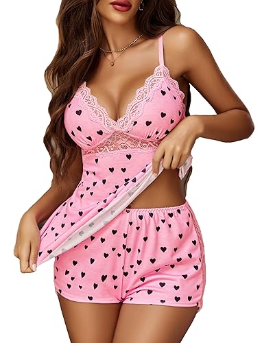 Avidlove Womens Sleepwear Lace Pajamas Cami PJS Set Pajama Set for Women - XX-Large - Pink Heart