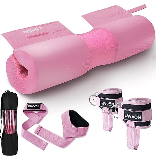 Barbell Squat Pad Set Nylon Padding AntiSlip- Thick Foam Barbell Pad for Squats Cushion,Lunges&Bar Padding for Hip Thrusts -Standard Weight Bar Pad -With Wrist Straps Weightlifting - Ankle-Pink
