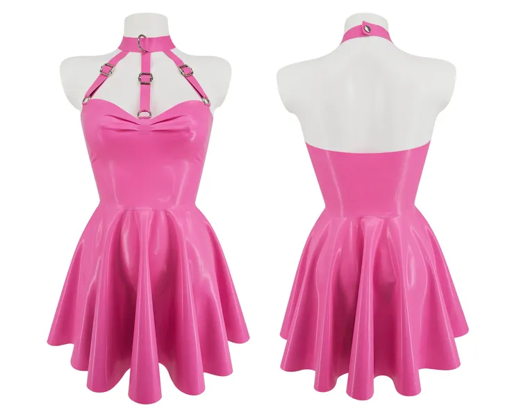 XS-3XL Latex harness bandeau skater dress (silver, gold or rainbow hardware)