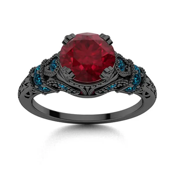 Claudine Ring with Round Lab-created Ruby, London Blue Topaz | 1.36 carats Round Lab-created Ruby Vintage Ring in 14K Black Gold | Diamondere