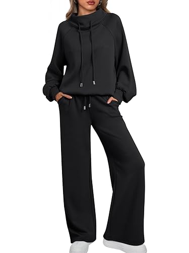 AUTOMET Lounge Sets for Women Sweatsuits 2 Piece Outfits 2024 Fall Drawstring Sweatshirt Wide Leg Sweatpants Tracksuit - Black - X-Large