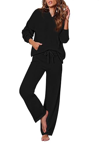 Viottiset Women's 2 Piece Outfits Sweater Set Long Sleeve Hoodies With Pocket Wide Leg Pants Lounge Sets Tracksuit - Black - X-Large