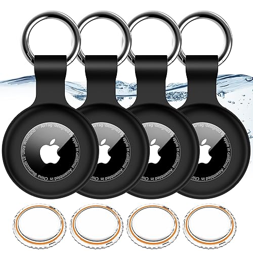 4 Pack,IPX8 Waterproof Airtag Holder for Apple Air Tags with Air Tag Keychain,Shockproof GPS Cover [Anti-Scratch] [PC+Silicone] Air-Tag Item Finders Case for Pets,Kids,Keys,Luggages-Black+Black - Black+Black+Black+Black