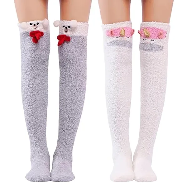 Littleforbig Cute Animal Coral Fleece Thigh High Long Striped Socks 2 Pairs