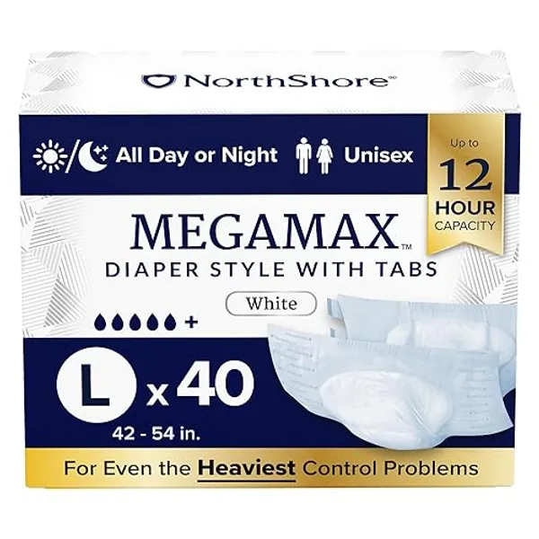 NorthShore MegaMax Adult Overnight Diapers, 12-Hour Tab-Style, Large, 40 Count Case, White, 42-54 inches, Unisex Incontinence Underwear