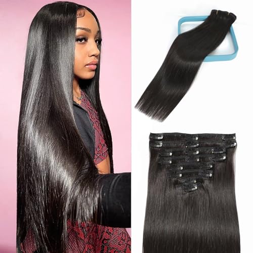 LORIEN Clip in Hair Extensions Real Human Hair, 18 Inch 100g/3.5oz, 1B Natural Black, Clip in 100% Brazilian Remy Human Hair Extensions 8pcs Per Set with 18 Clips Double Weft - #1B Natural Black - 18 Inch