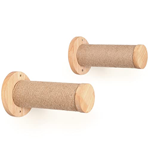 FUKUMARU Katzentreppe Wand, Kletterstufe (2er-Pack), massives Gummibaumholz, Ø 9 x L30 cm Sisal-Pfosten, Wandmontage Jute-Kratzäulen, DIY Kletterwand Katzen - Beige